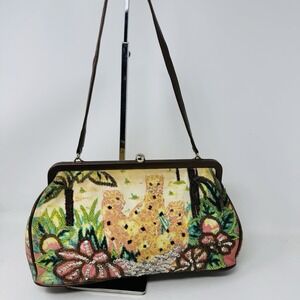 Vintage Prezzo Boho Multicolor Beaded Bling Fabric Shoulder Handbag Brown Beige‎